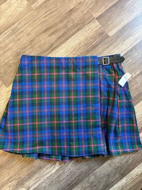 Old Navy Blue and Green Plaid Wrap Mini Skirt with Buckle